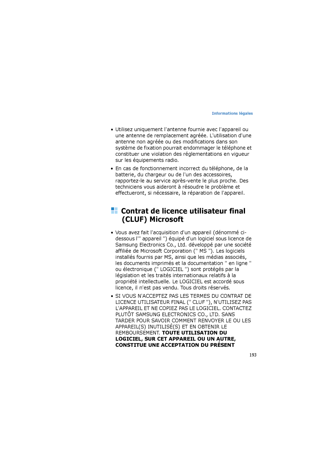 Samsung SGH-I600LKAFTM, SGH-I600LKPXEF, SGH-I600MAAFTM, SGH-I600LKVSFR Contrat de licence utilisateur final Cluf Microsoft 