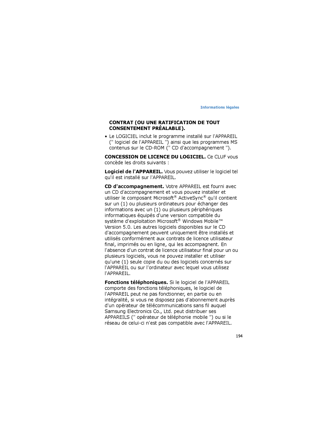 Samsung SGH-I600MAAFTM, SGH-I600LKPXEF, SGH-I600LKAFTM manual Contrat OU UNE Ratification DE Tout Consentement Préalable 