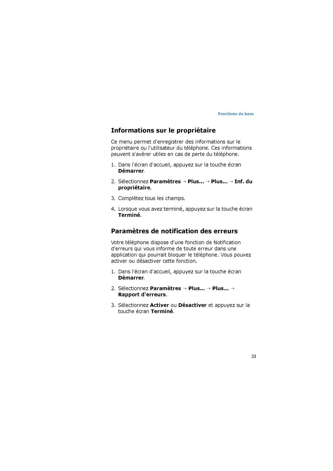 Samsung SGH-I600LKAFTM, SGH-I600LKPXEF manual Informations sur le propriétaire, Paramètres de notification des erreurs 