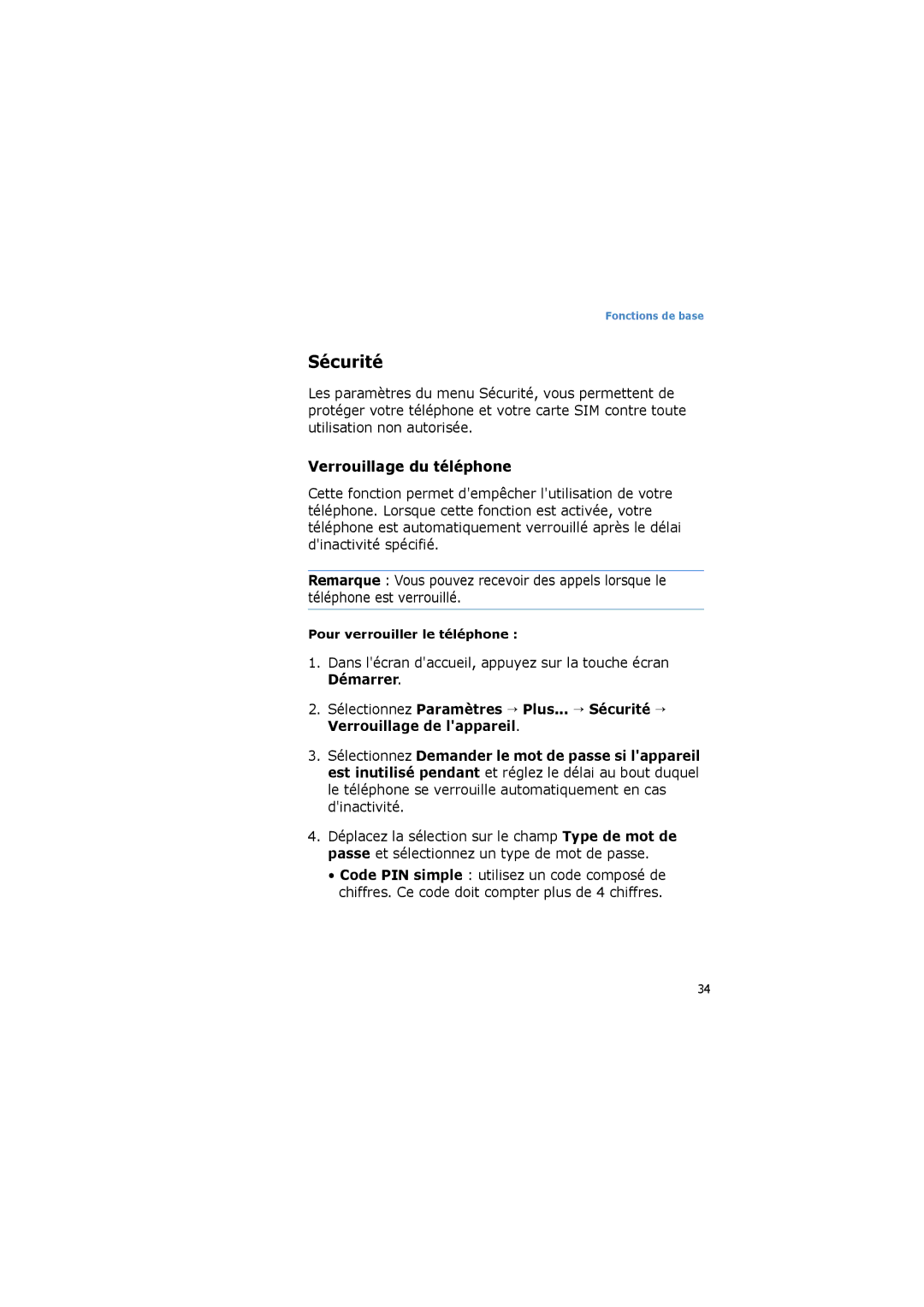 Samsung SGH-I600MAAFTM, SGH-I600LKPXEF, SGH-I600LKAFTM Sécurité, Verrouillage du téléphone, Pour verrouiller le téléphone 