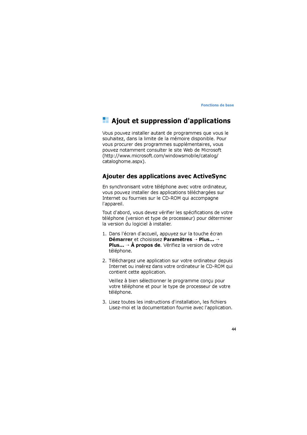 Samsung SGH-I600LKPXEU, SGH-I600LKPXEF manual Ajout et suppression dapplications, Ajouter des applications avec ActiveSync 