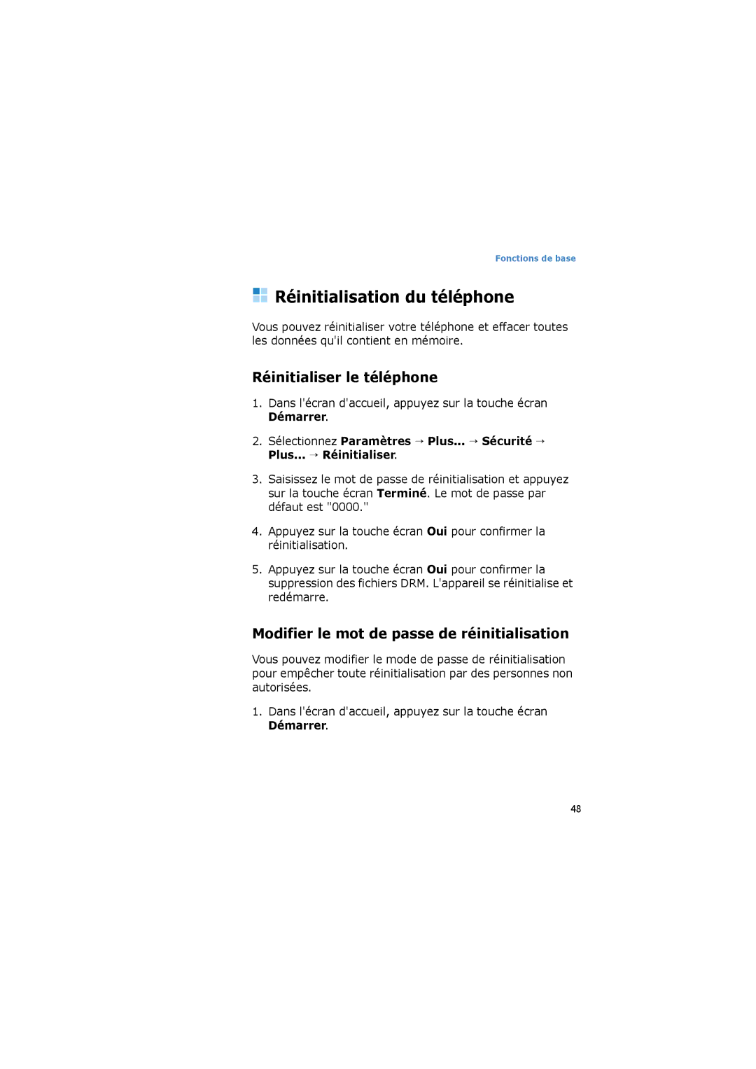 Samsung SGH-I600LKPXEF, SGH-I600LKAFTM, SGH-I600MAAFTM manual Réinitialisation du téléphone, Réinitialiser le téléphone 