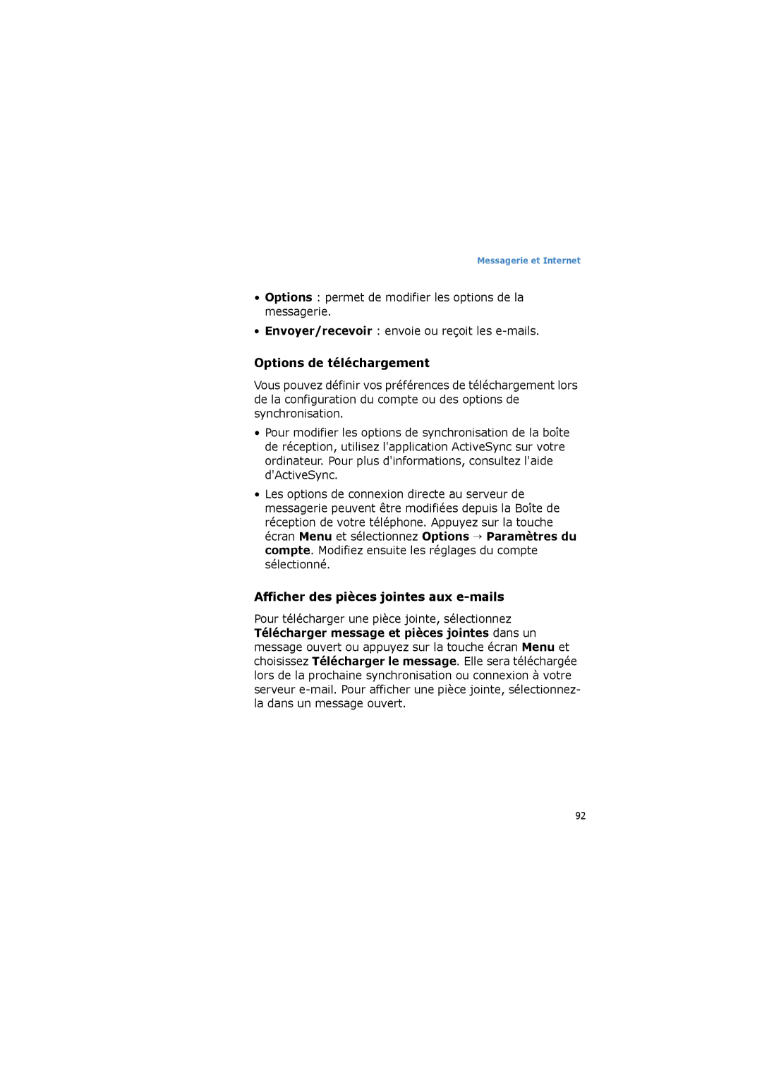 Samsung SGH-I600LKPXEU, SGH-I600LKPXEF, SGH-I600LKAFTM Options de téléchargement, Afficher des pièces jointes aux e-mails 