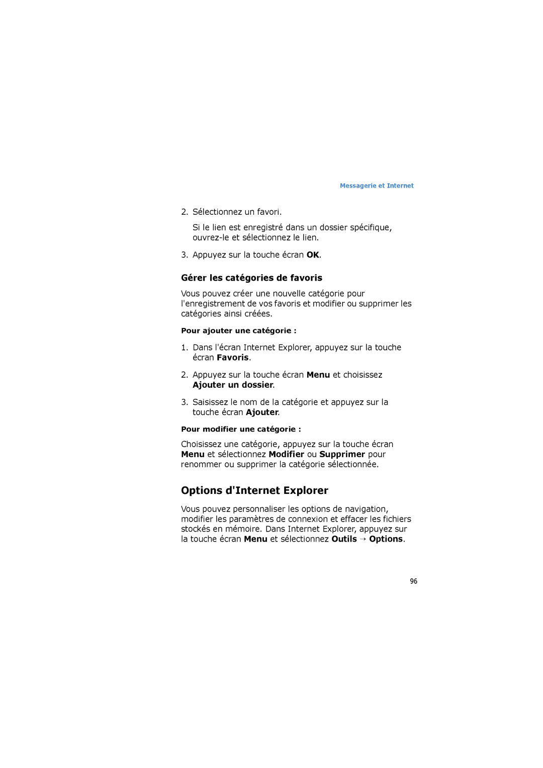 Samsung SGH-I600LKPXEF manual Options dInternet Explorer, Gérer les catégories de favoris, Pour ajouter une catégorie 