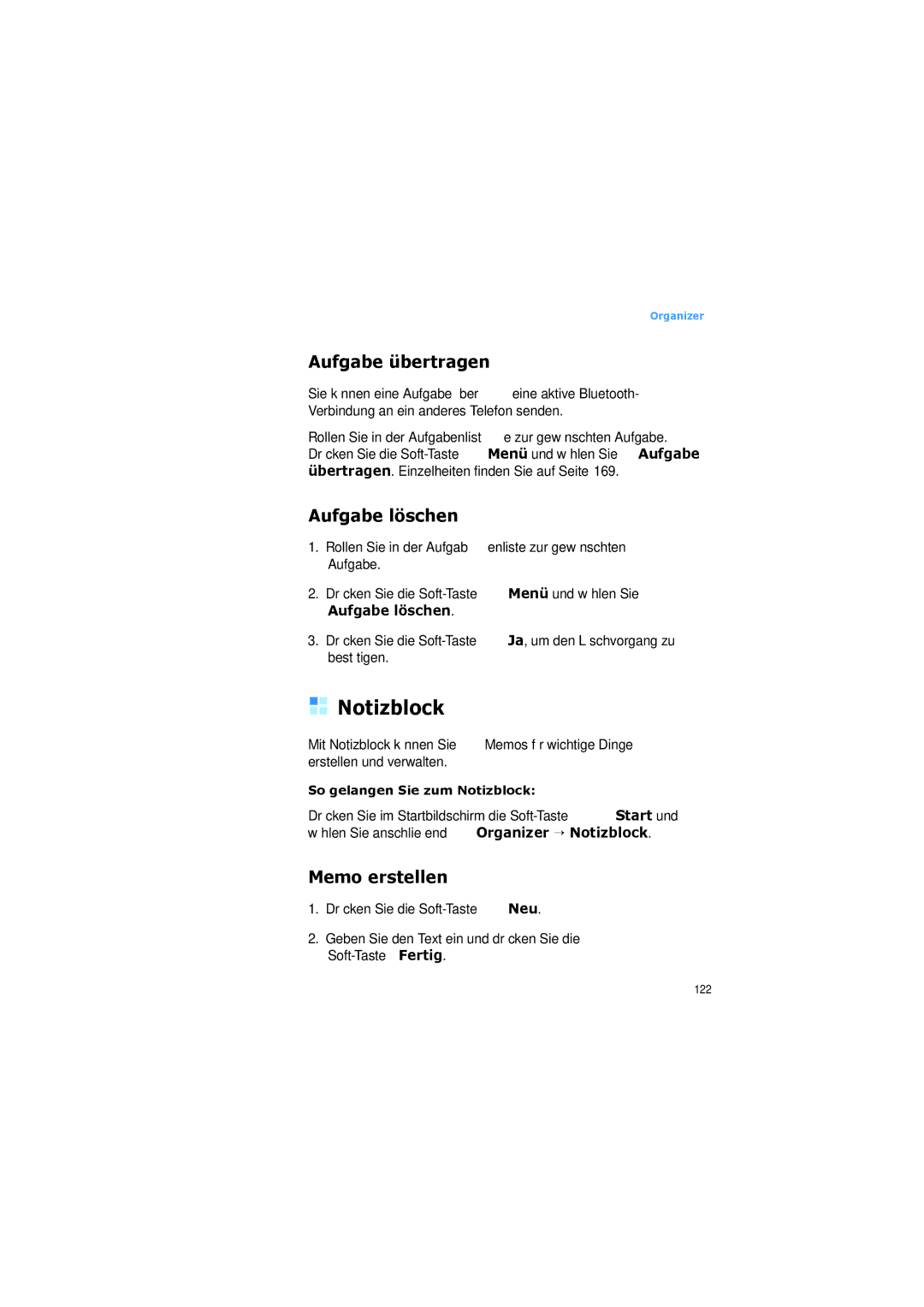 Samsung SGH-I600LKAEPL, SGH-I600LKVVD2, SGH-I600LKUDBT manual Notizblock, Aufgabe übertragen, Aufgabe löschen, Memo erstellen 