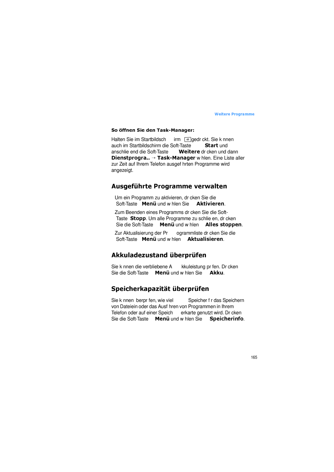 Samsung SGH-I600LKADBT manual Ausgeführte Programme verwalten, Akkuladezustand überprüfen, Speicherkapazität überprüfen 