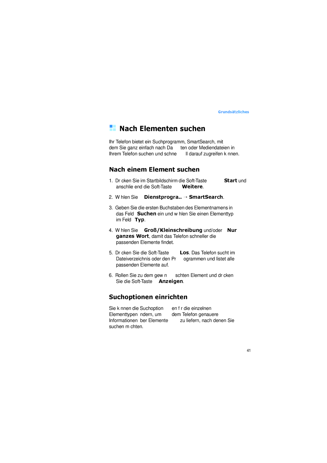 Samsung SGH-I600LKUDBT, SGH-I600LKVVD2 manual Nach Elementen suchen, Nach einem Element suchen, Suchoptionen einrichten 