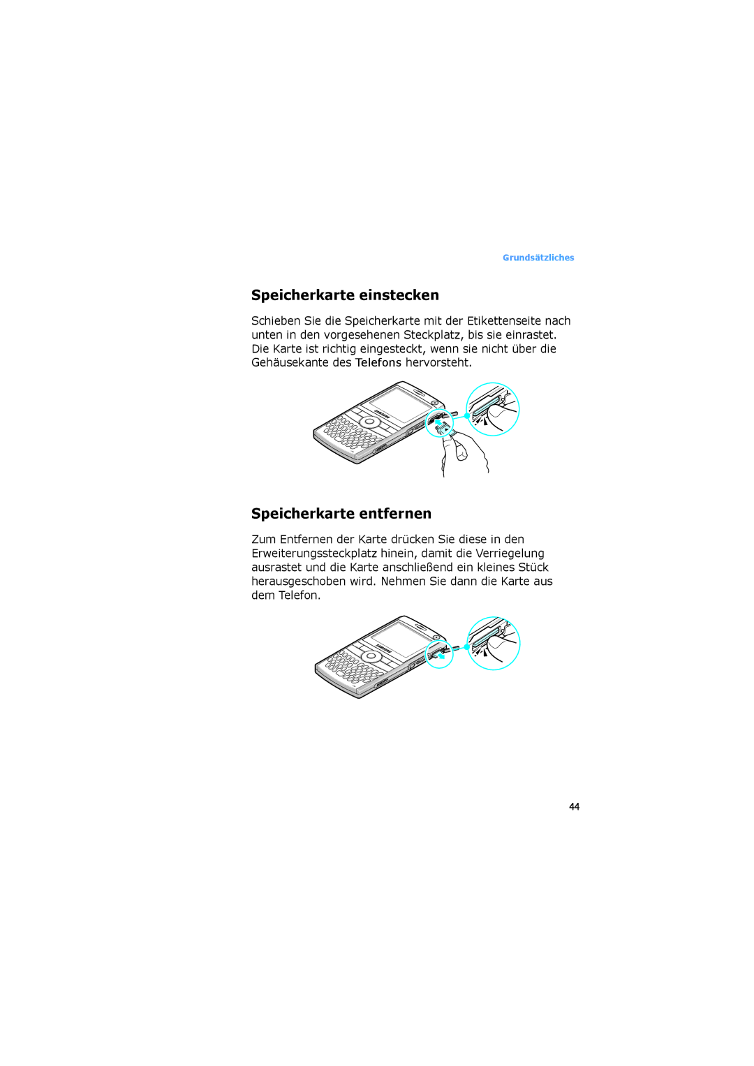 Samsung SGH-I600MAADBT, SGH-I600LKVVD2, SGH-I600LKUDBT, SGH-I600LKAEPL Speicherkarte einstecken, Speicherkarte entfernen 