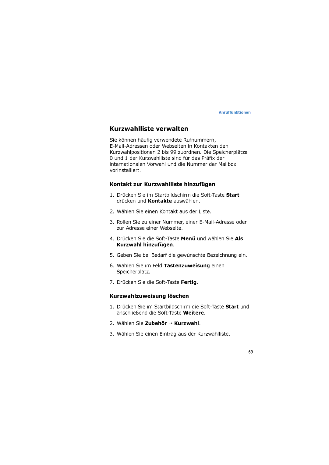 Samsung SGH-I600LKADTM manual Kurzwahlliste verwalten, Kontakt zur Kurzwahlliste hinzufügen, Kurzwahlzuweisung löschen 