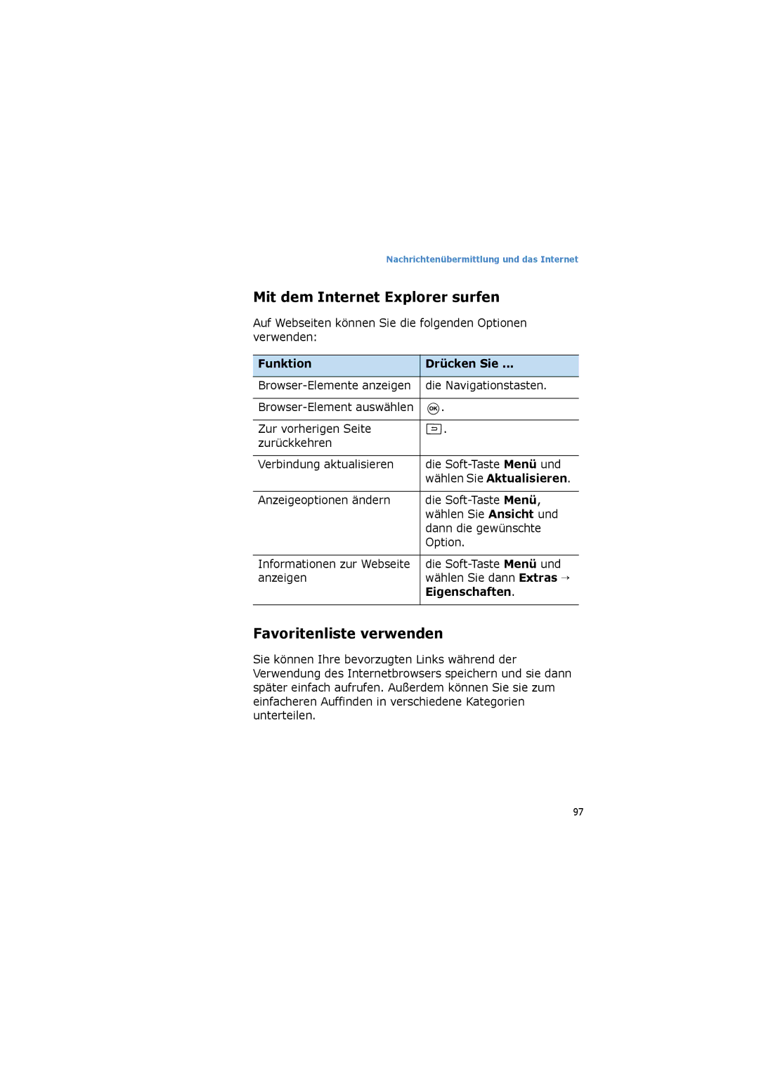 Samsung SGH-I600LKPXEG Mit dem Internet Explorer surfen, Favoritenliste verwenden, Funktion Drücken Sie, Eigenschaften 