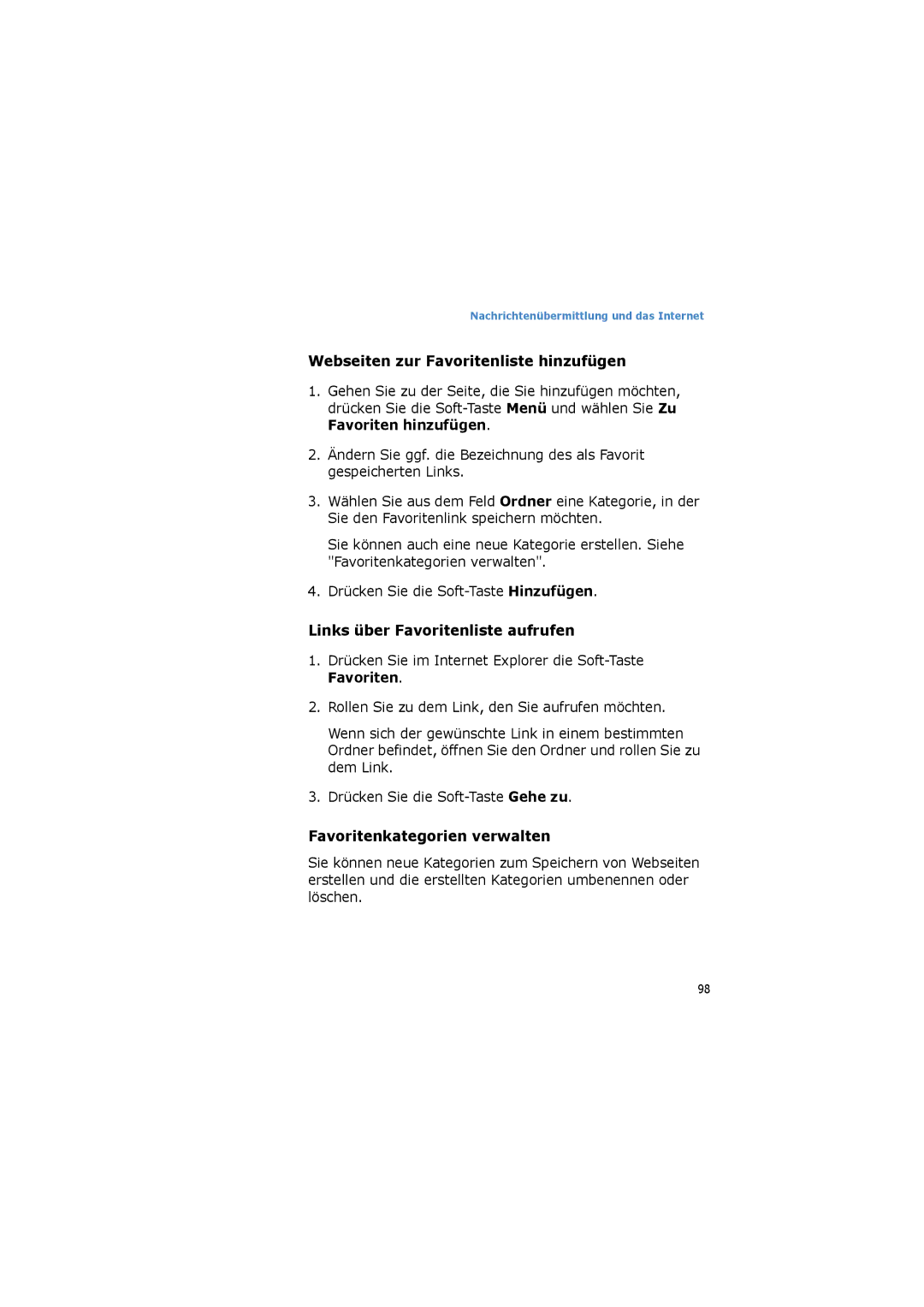 Samsung SGH-I600LKAVIA, SGH-I600LKVVD2 manual Webseiten zur Favoritenliste hinzufügen, Links über Favoritenliste aufrufen 