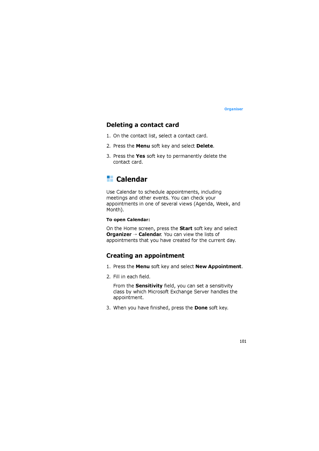 Samsung SGH-I600MAUTIM, SGH-I600LKVVD2, SGH-I600LKUDBT manual Calendar, Deleting a contact card, Creating an appointment 