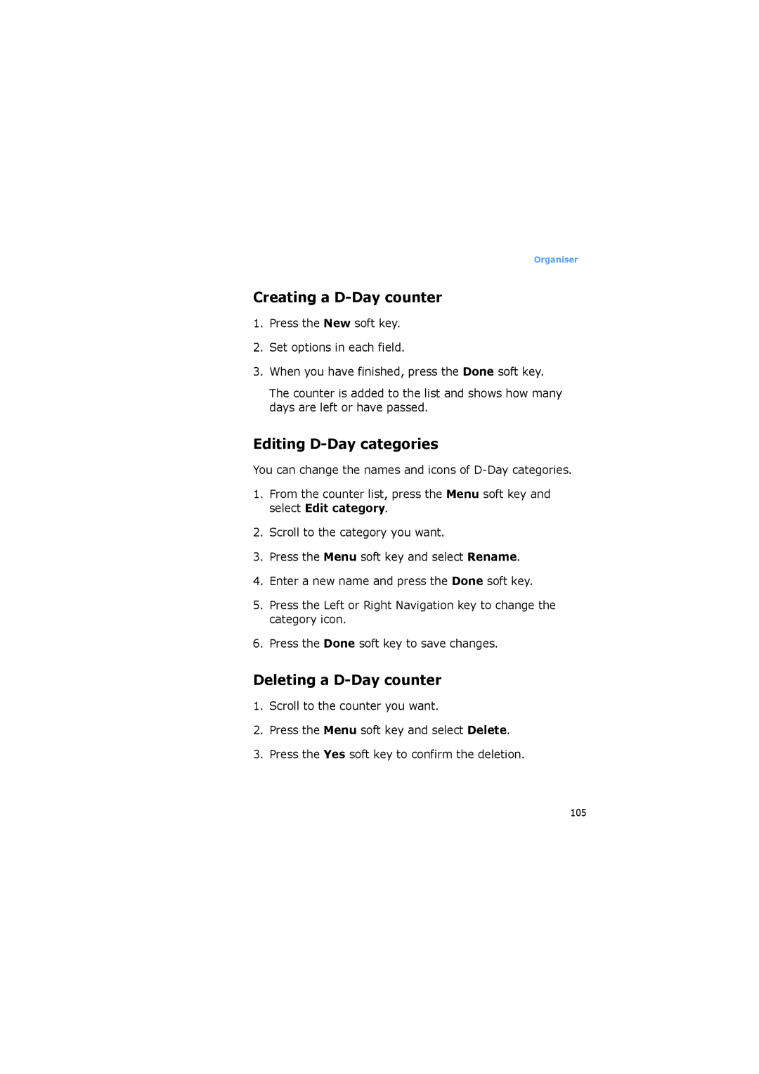 Samsung SGH-I600MAATIM, SGH-I600LKVVD2 manual Creating a D-Day counter, Editing D-Day categories, Deleting a D-Day counter 