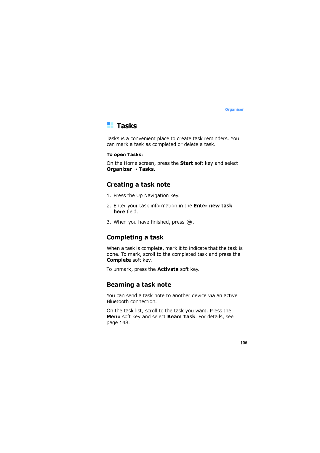 Samsung SGH-I600MAVOMN, SGH-I600LKVVD2, SGH-I600LKUDBT Tasks, Creating a task note, Completing a task, Beaming a task note 