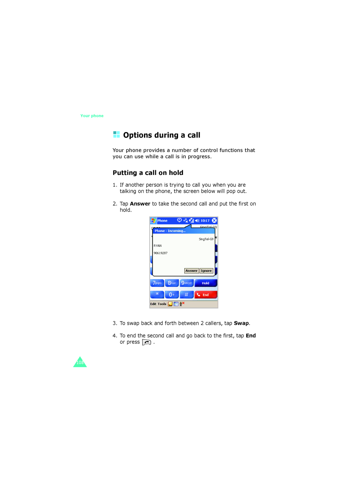 Samsung SGH-I700 manual Options during a call, Putting a call on hold 