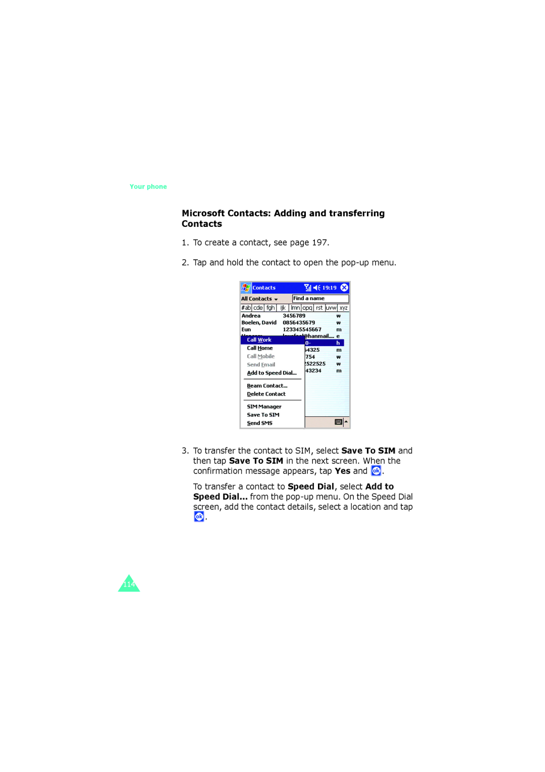 Samsung SGH-I700 Microsoft Contacts Adding and transferring, Screen, add the contact details, select a location and tap 