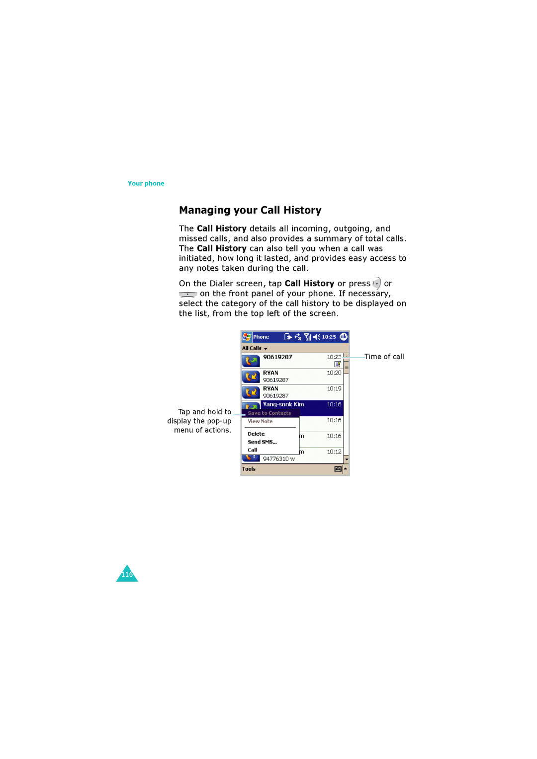 Samsung SGH-I700 manual Managing your Call History 