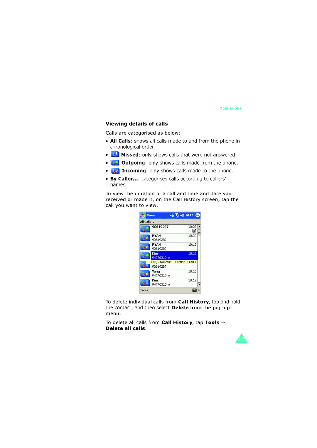 Samsung SGH-I700 manual Viewing details of calls 