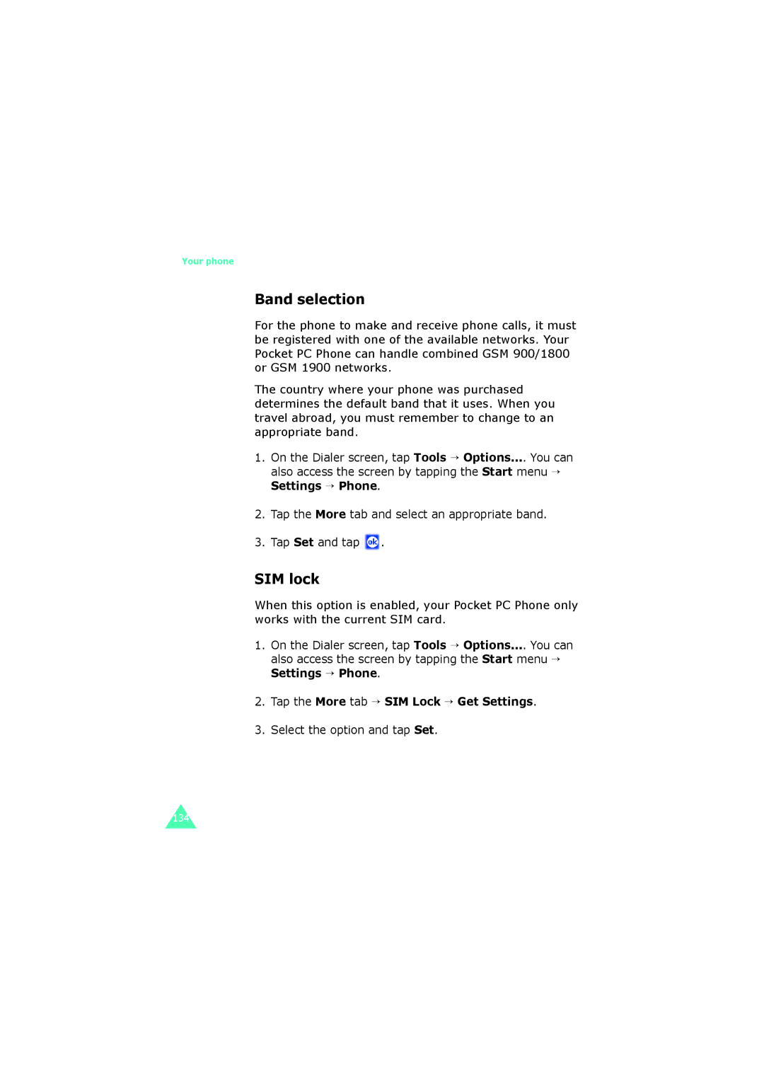 Samsung SGH-I700 manual Band selection, SIM lock, Tap the More tab → SIM Lock → Get Settings, Select the option and tap Set 