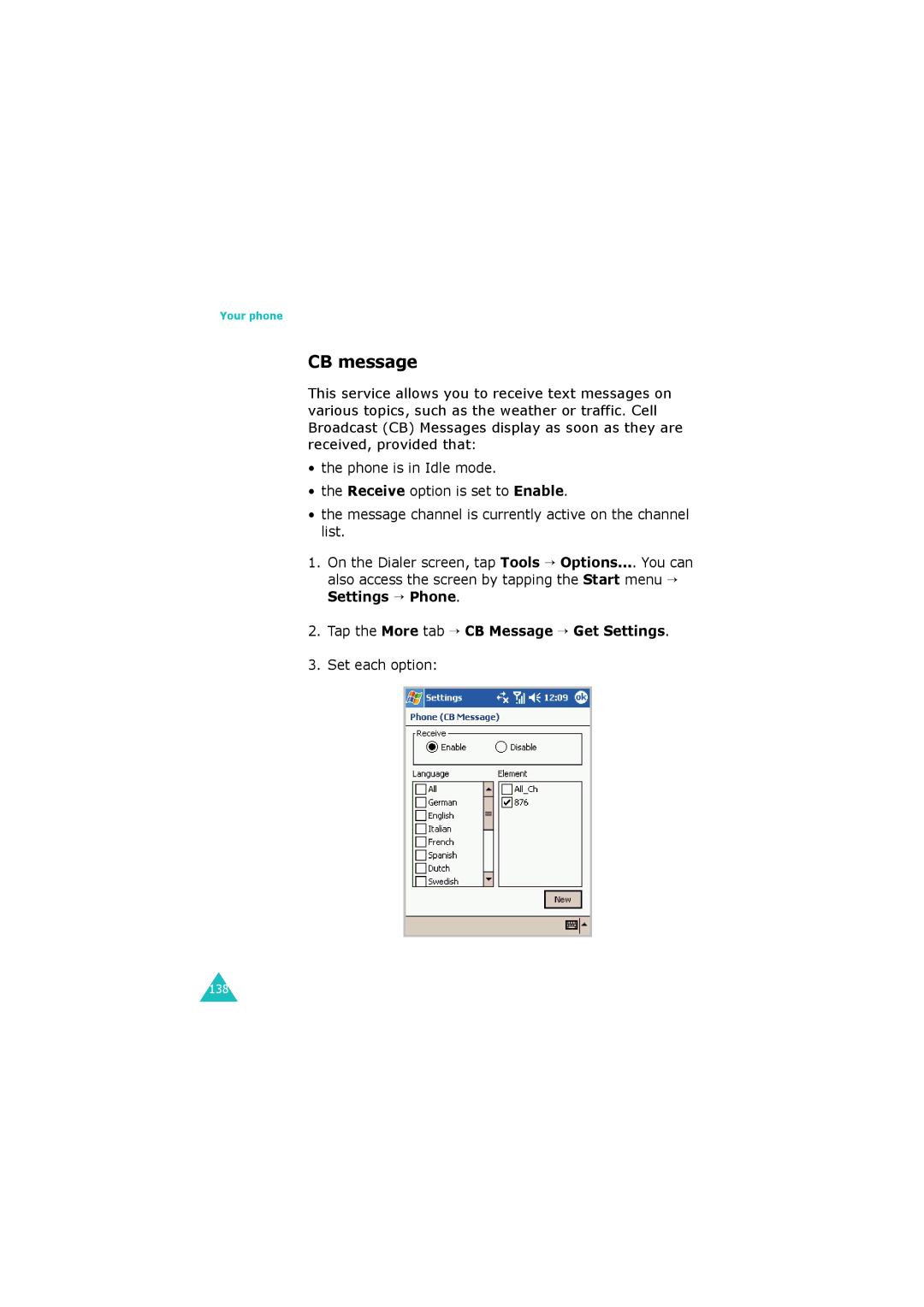 Samsung SGH-I700 manual CB message, Tap the More tab → CB Message → Get Settings 