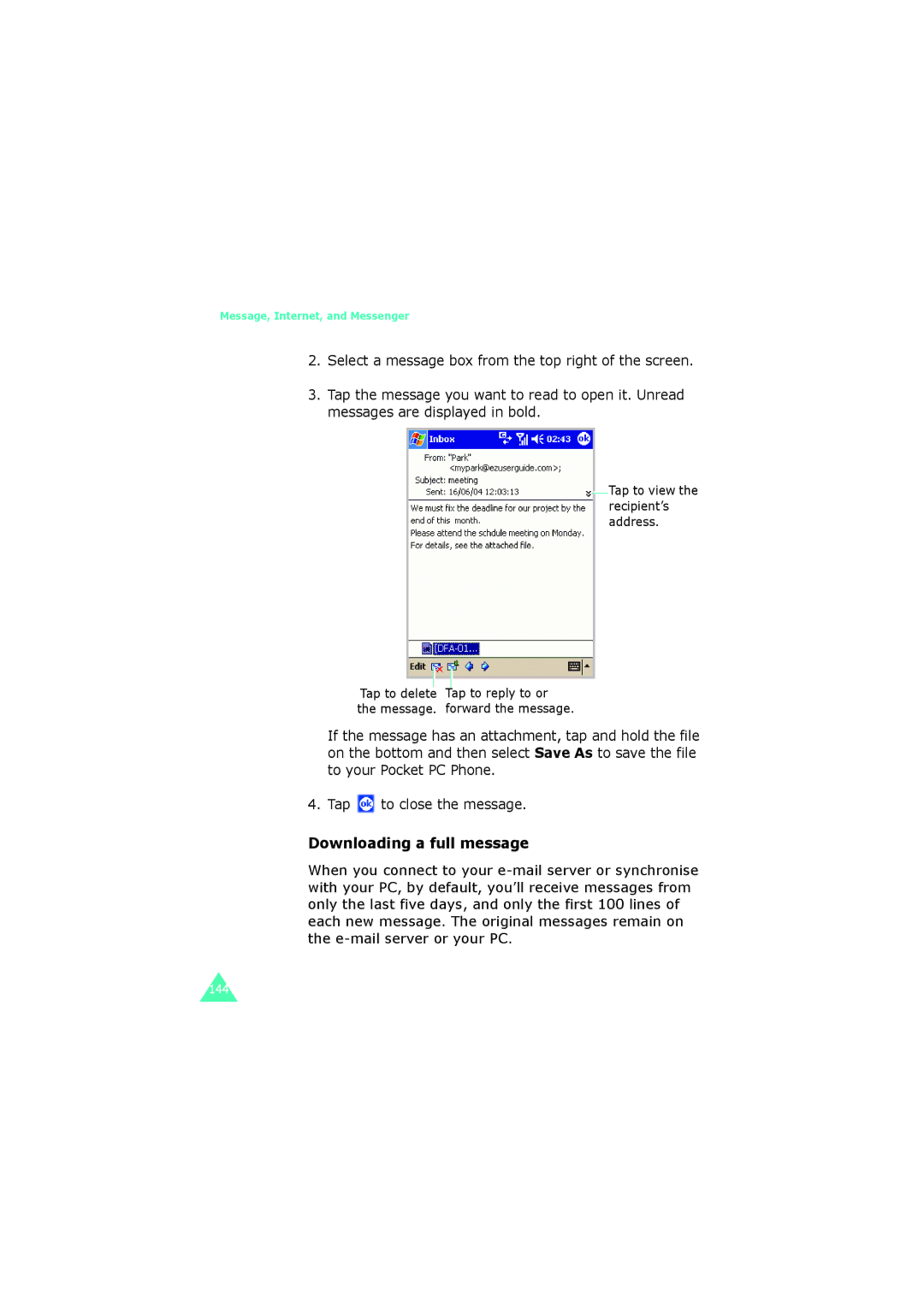 Samsung SGH-I700 manual Downloading a full message 