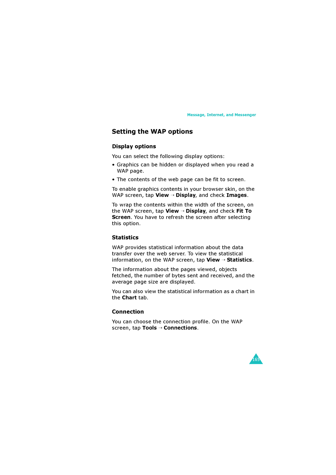 Samsung SGH-I700 manual Setting the WAP options, Display options, Statistics, Connection 