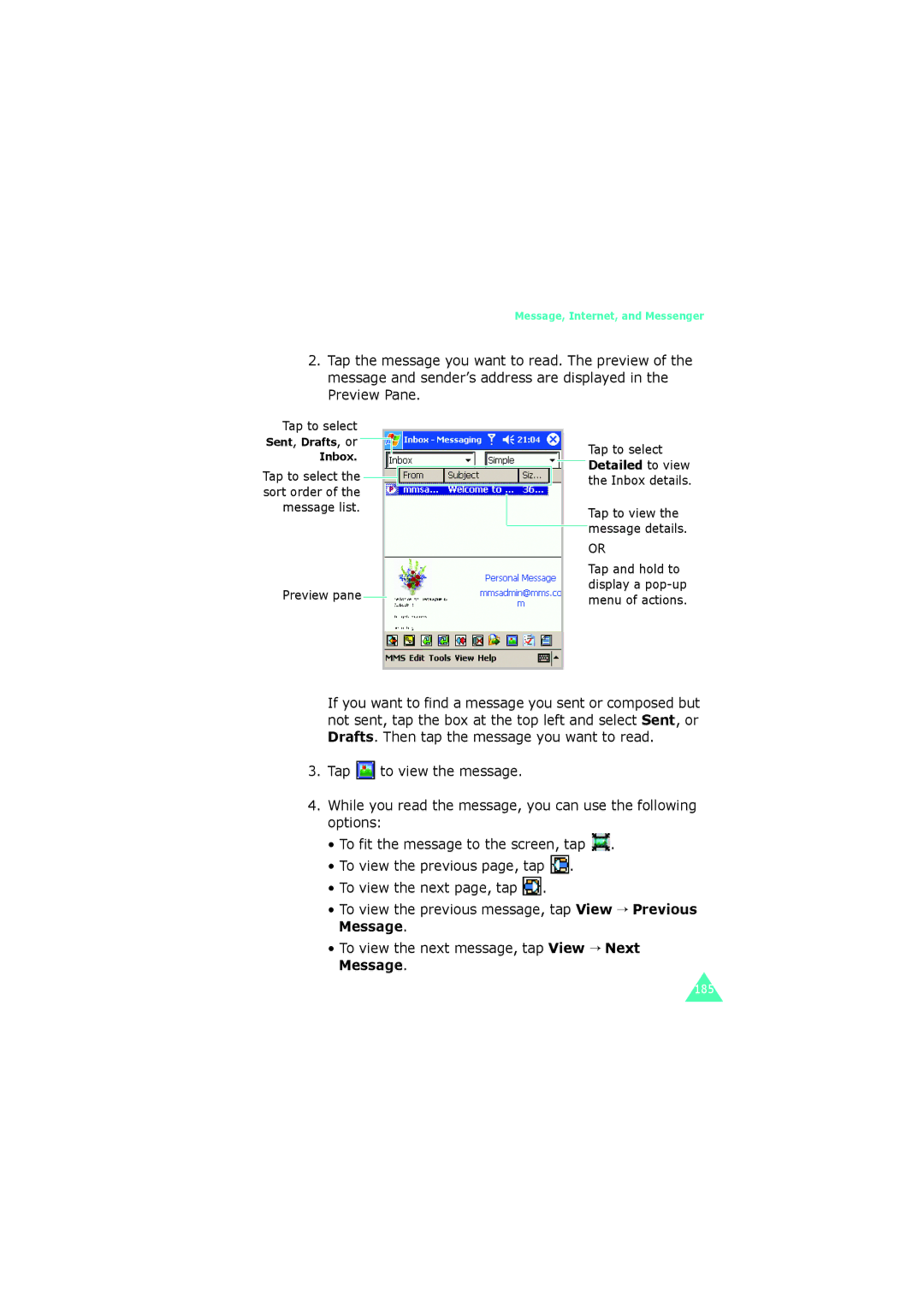 Samsung SGH-I700 manual Preview pane 