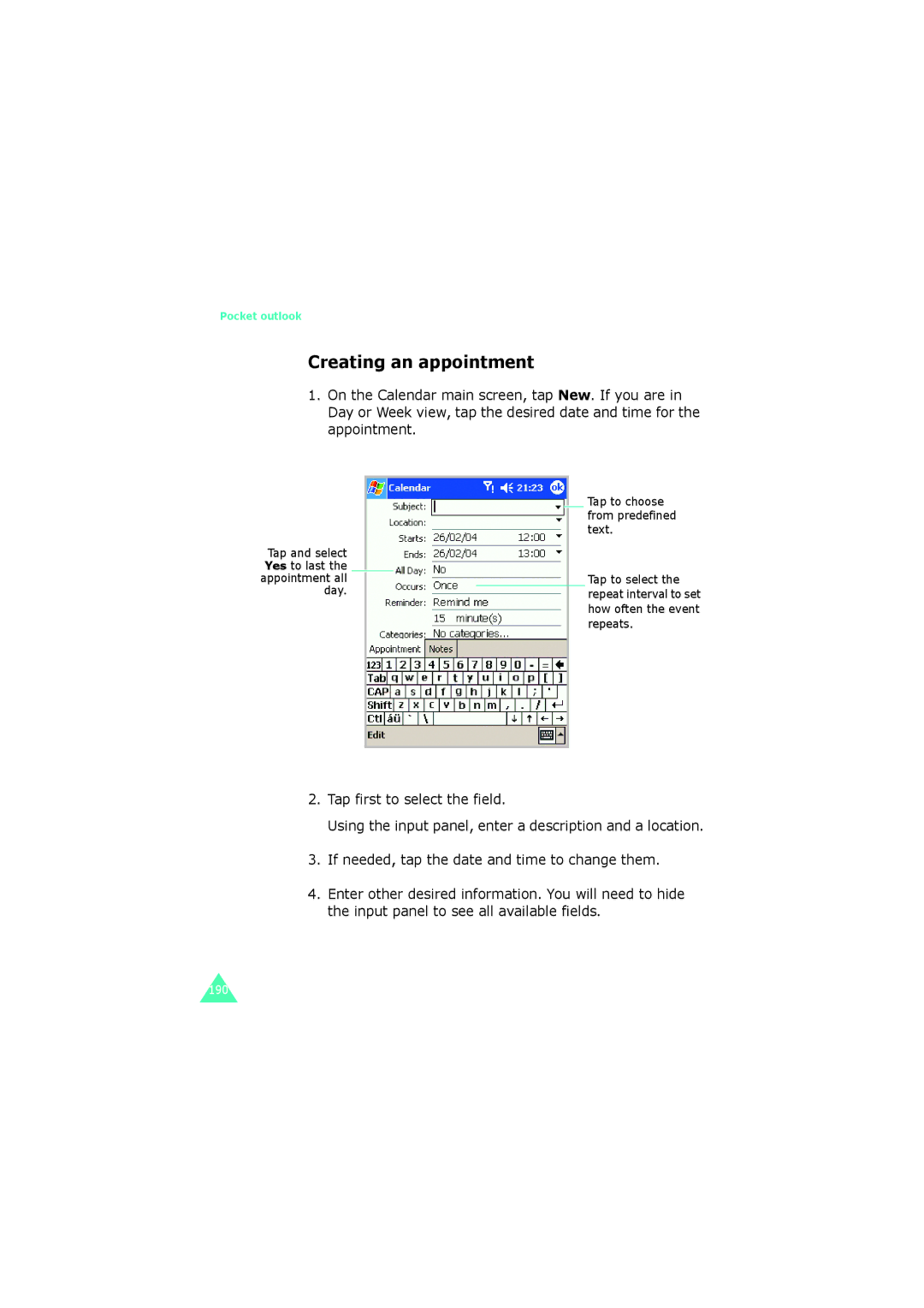 Samsung SGH-I700 manual Creating an appointment 