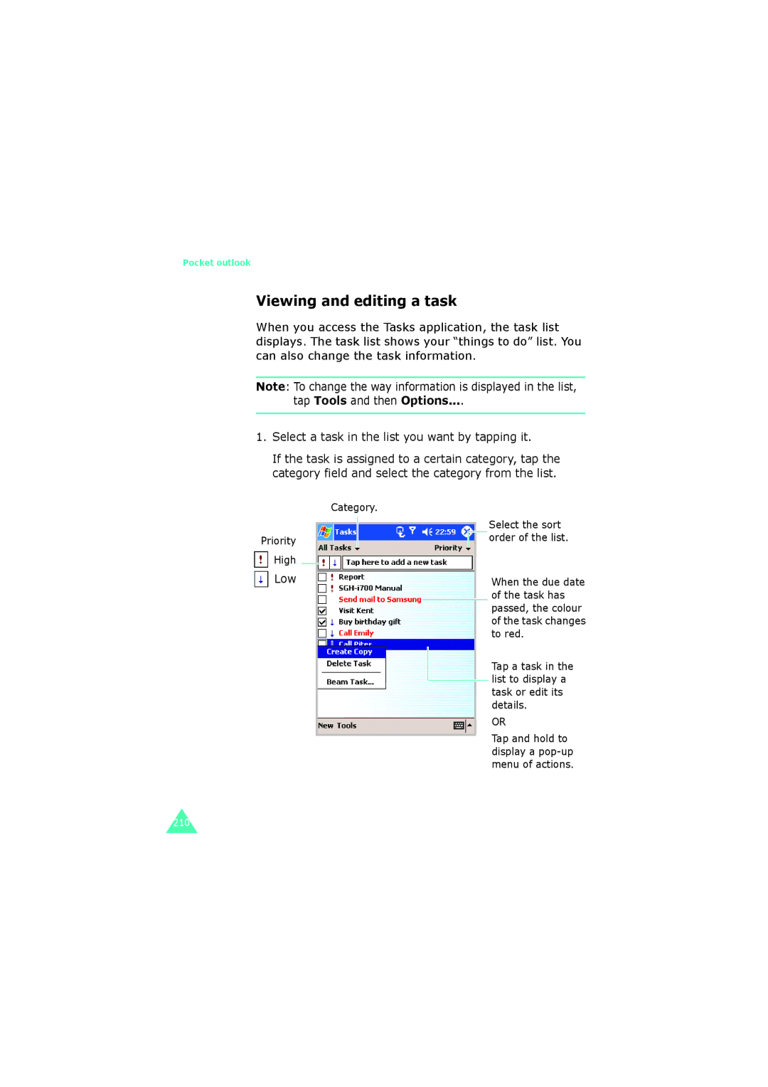 Samsung SGH-I700 manual Viewing and editing a task, Low 