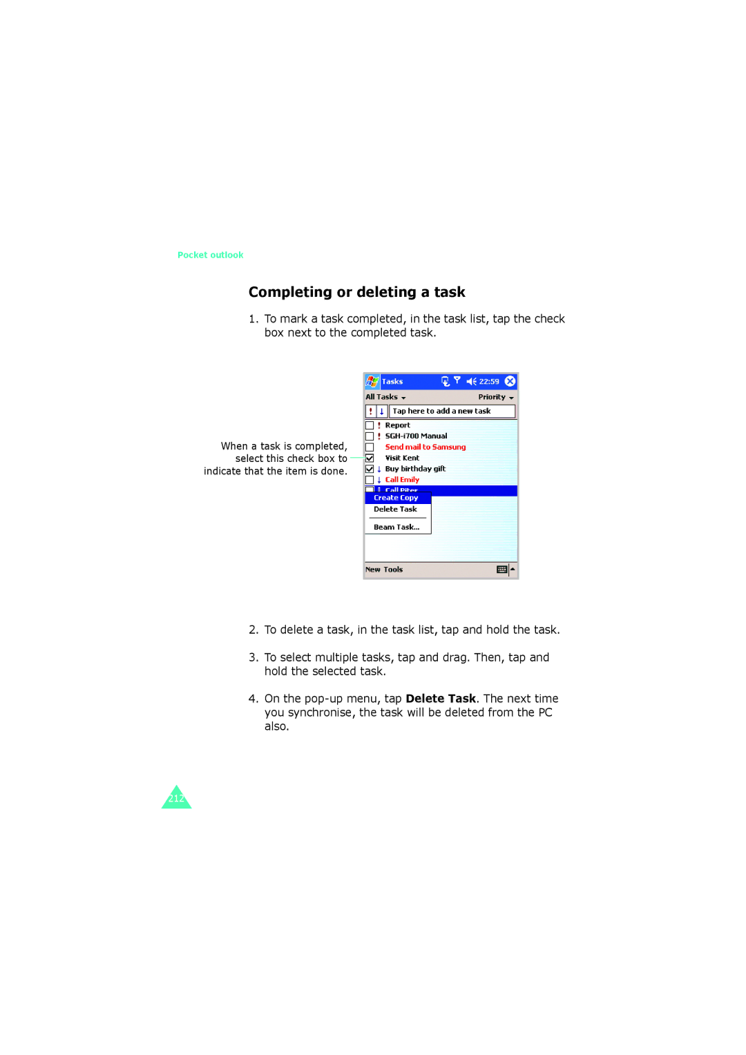 Samsung SGH-I700 manual Completing or deleting a task 