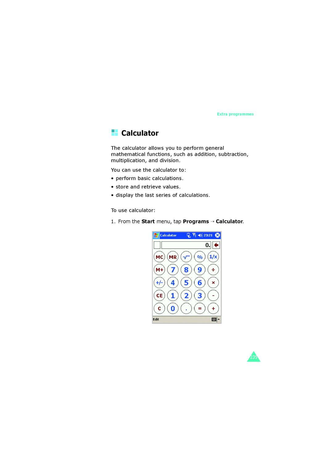 Samsung SGH-I700 manual From the Start menu, tap Programs → Calculator 