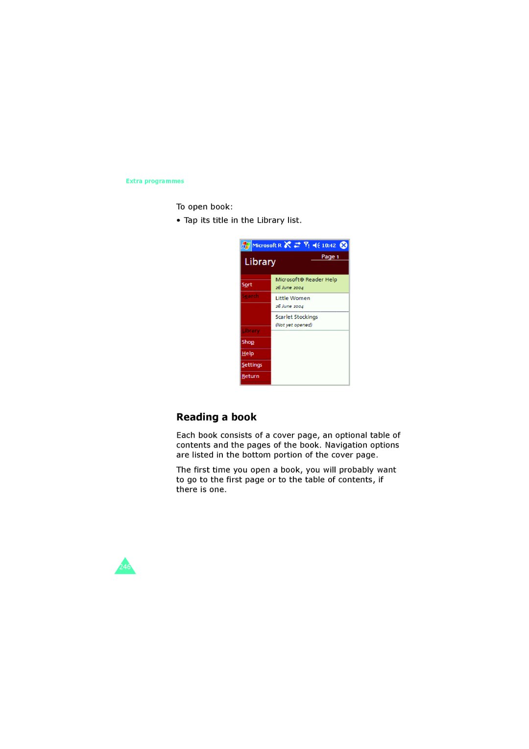 Samsung SGH-I700 manual Reading a book, To open book Tap its title in the Library list 