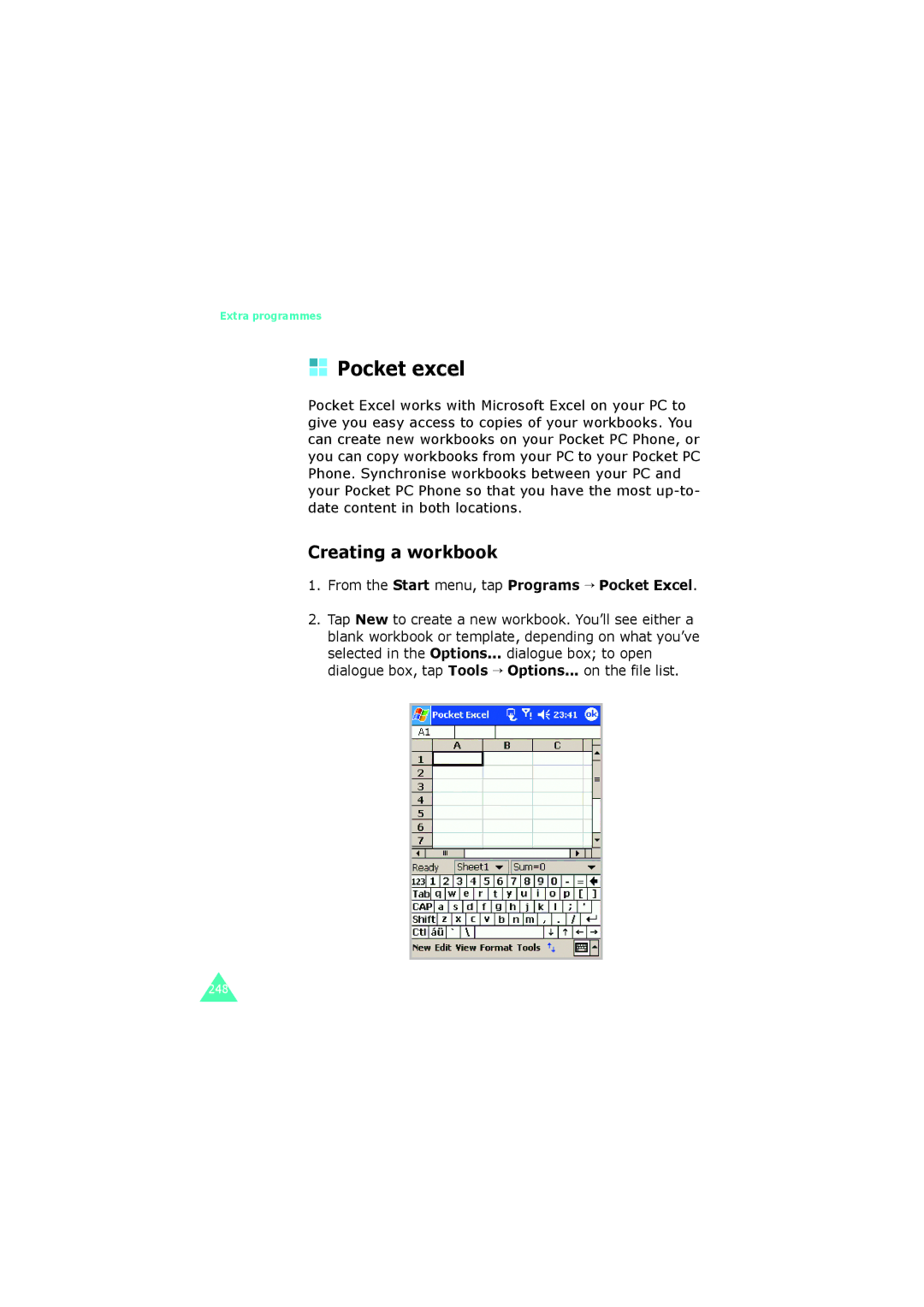 Samsung SGH-I700 manual Pocket excel, Creating a workbook, From the Start menu, tap Programs → Pocket Excel 