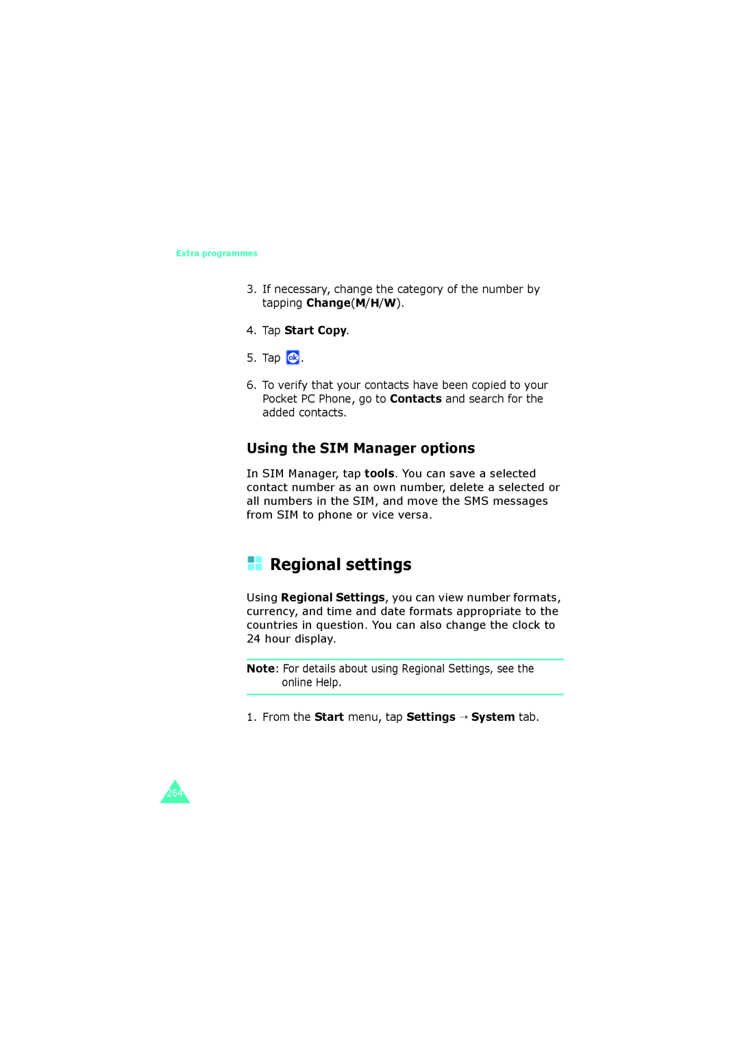 Samsung SGH-I700 manual Regional settings, Using the SIM Manager options, Tap Start Copy 