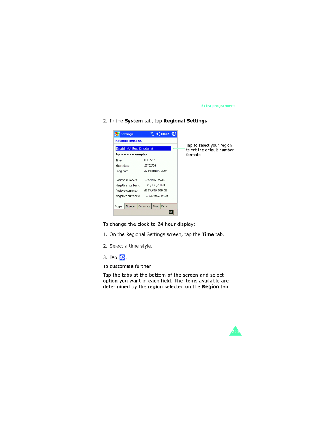 Samsung SGH-I700 manual System tab, tap Regional Settings 