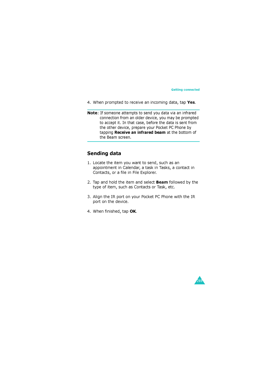 Samsung SGH-I700 manual Sending data, When prompted to receive an incoming data, tap Yes 
