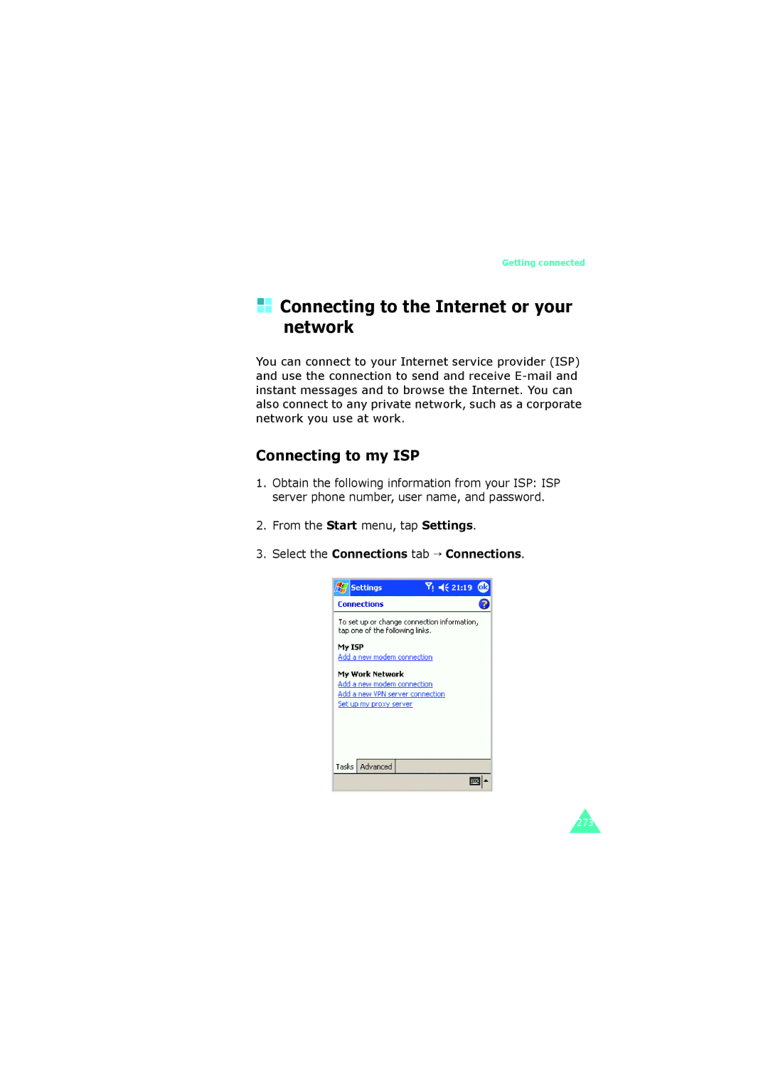 Samsung SGH-I700 manual Connecting to the Internet or your network, Connecting to my ISP, From the Start menu, tap Settings 