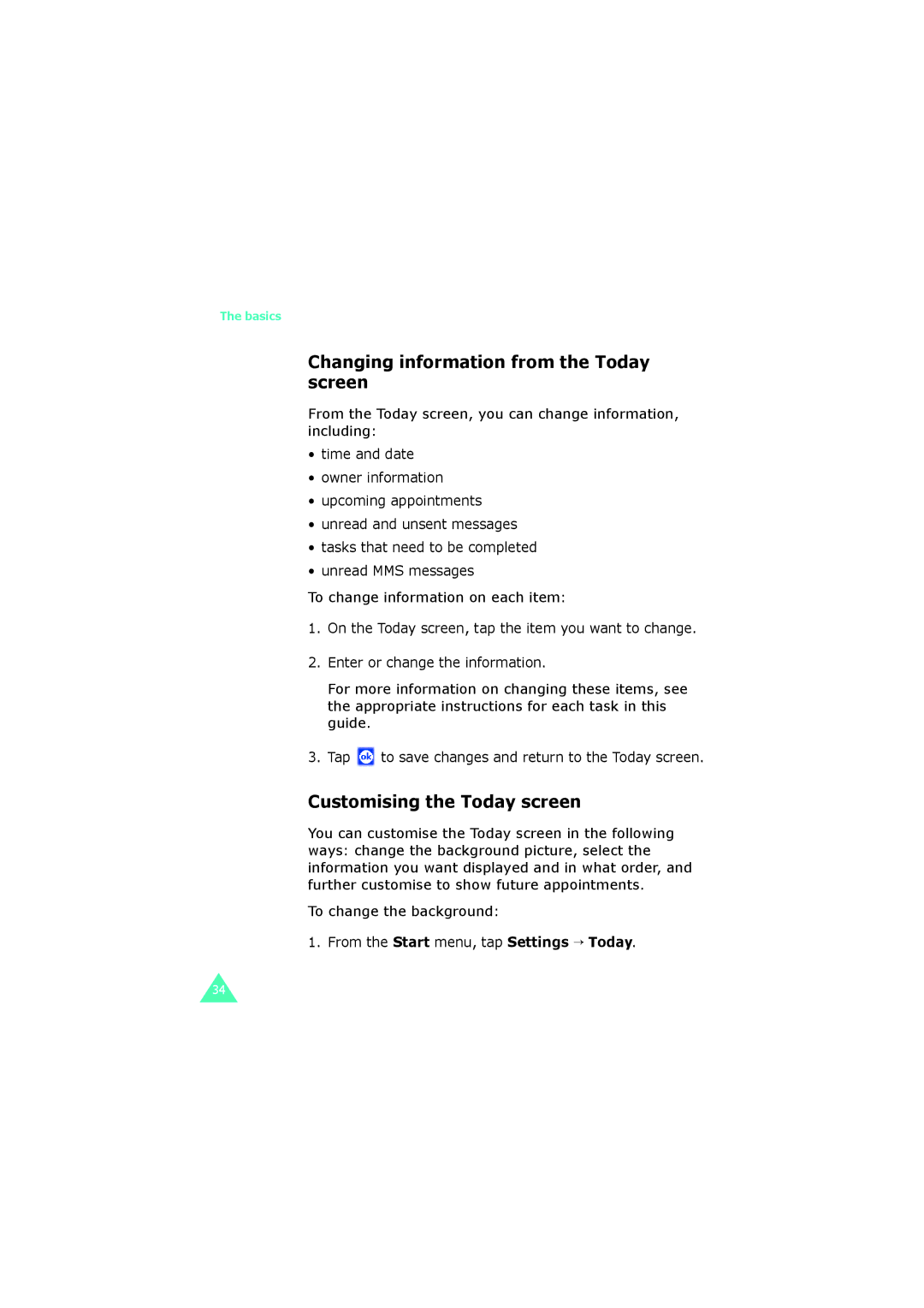 Samsung SGH-I700 manual Changing information from the Today screen, Customising the Today screen 