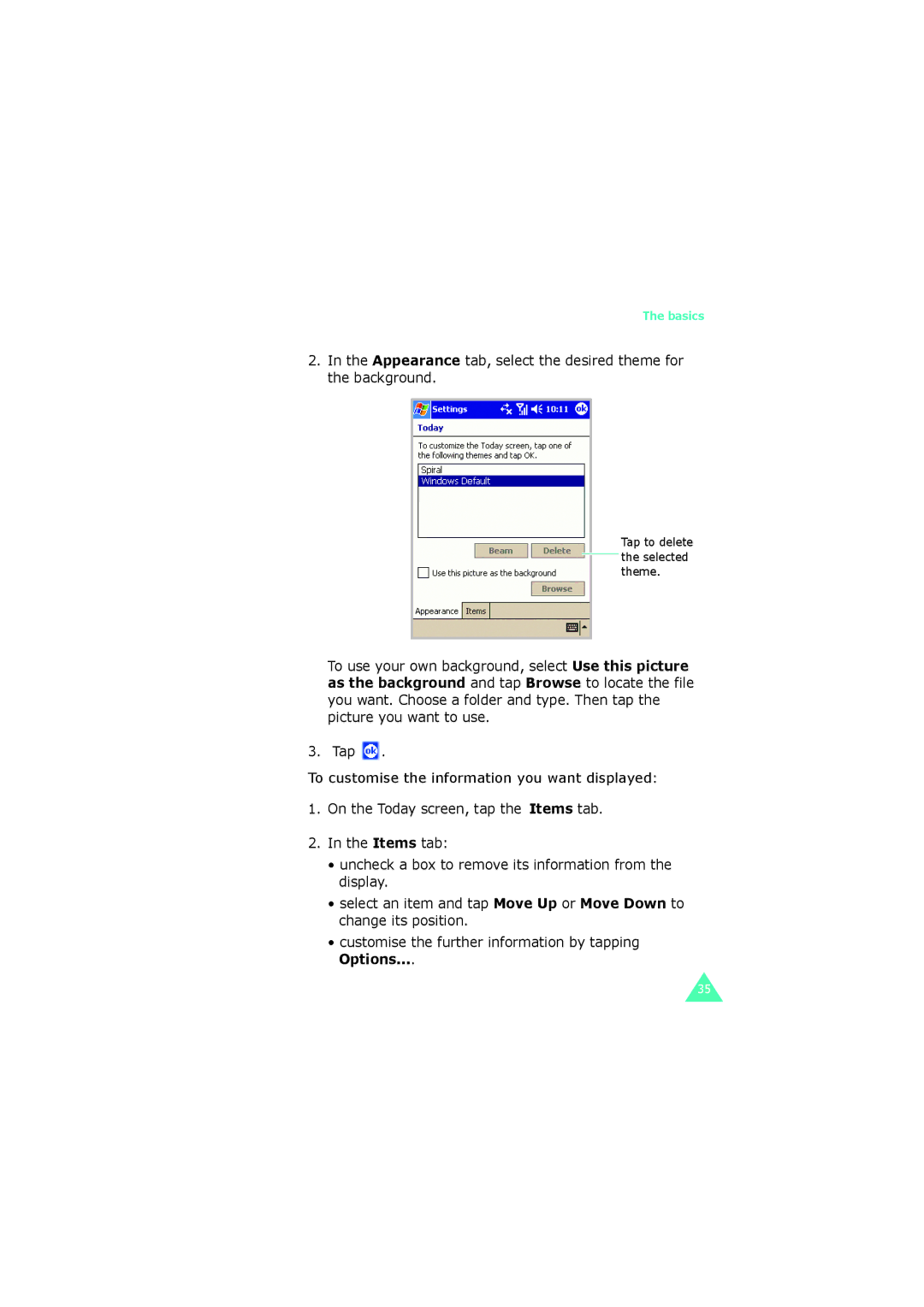 Samsung SGH-I700 manual Appearance tab, select the desired theme for the background 