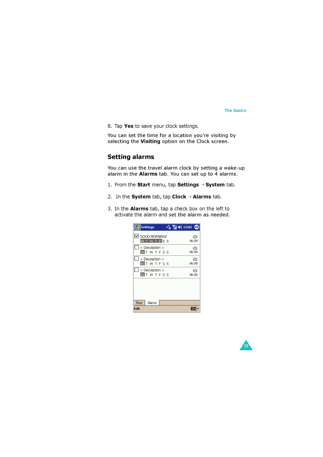 Samsung SGH-I700 manual Setting alarms, Tap Yes to save your clock settings 