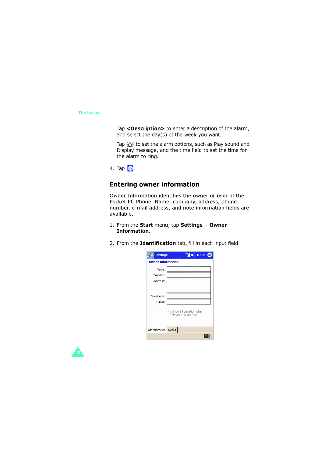 Samsung SGH-I700 manual Entering owner information 