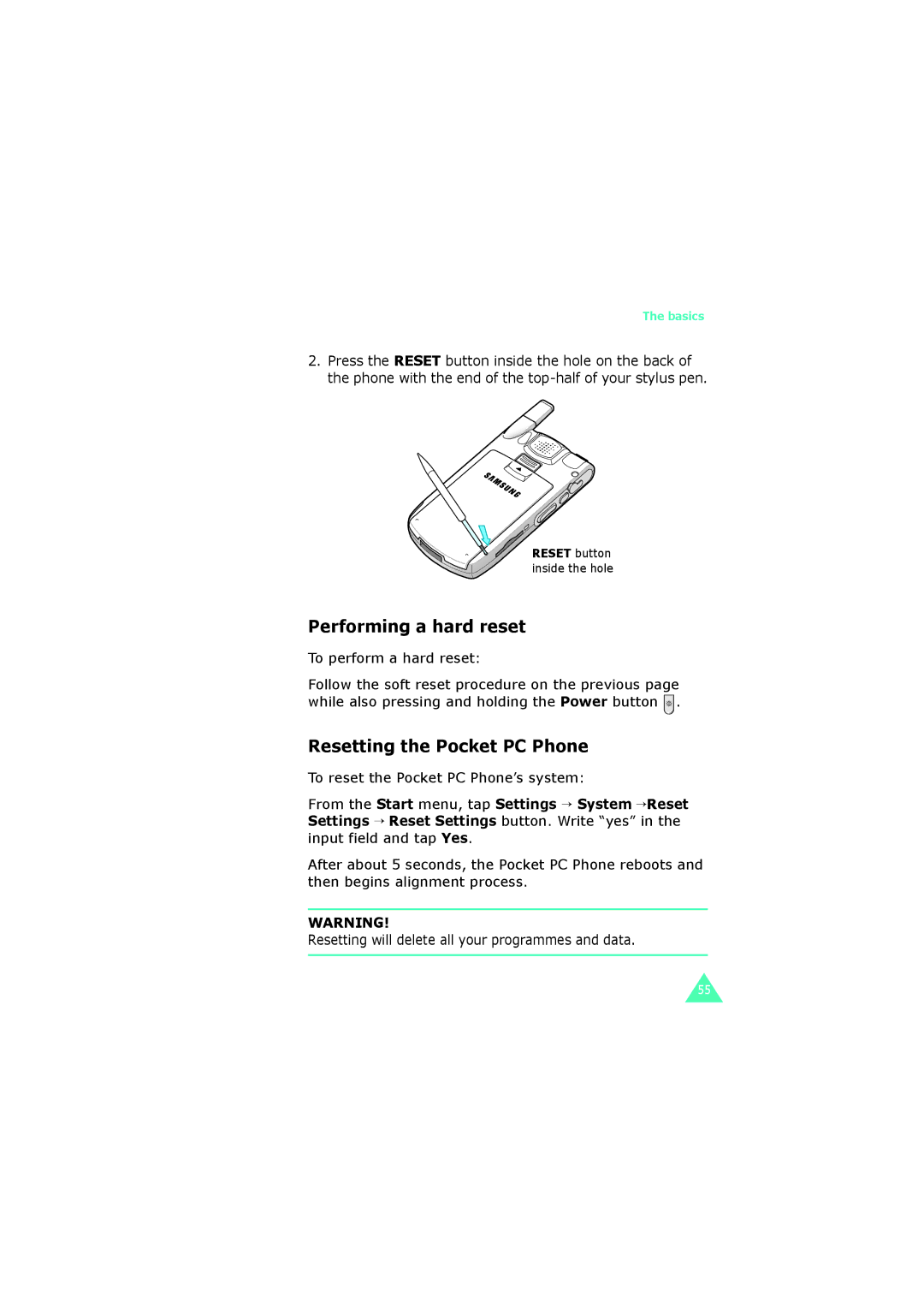 Samsung SGH-I700 manual Performing a hard reset, Resetting the Pocket PC Phone, To perform a hard reset 