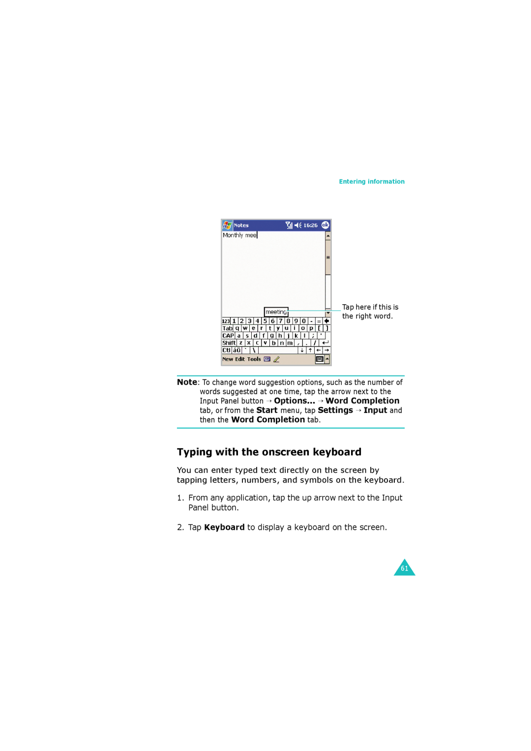 Samsung SGH-I700 manual Typing with the onscreen keyboard 