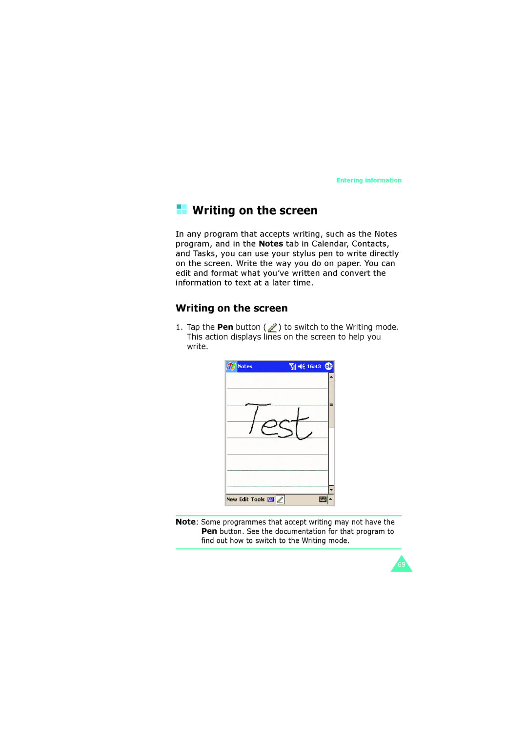 Samsung SGH-I700 manual Writing on the screen 