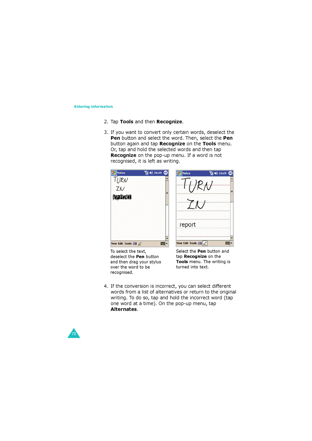 Samsung SGH-I700 manual Tap Tools and then Recognize 