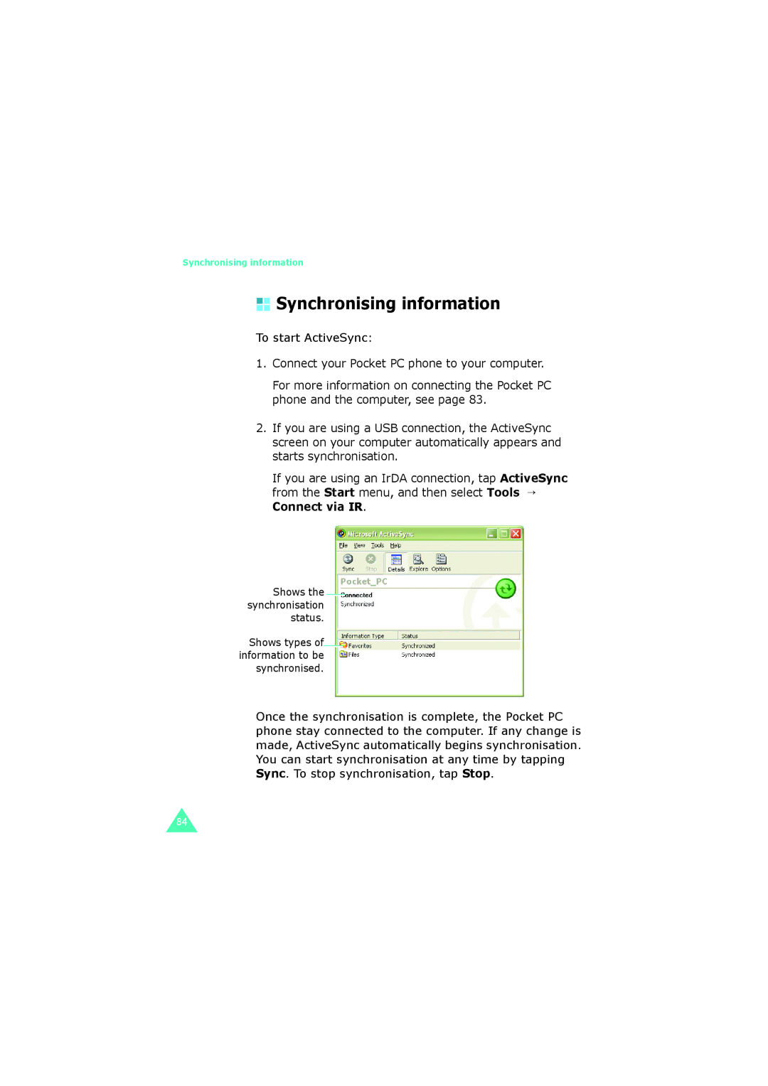 Samsung SGH-I700 manual Synchronising information 