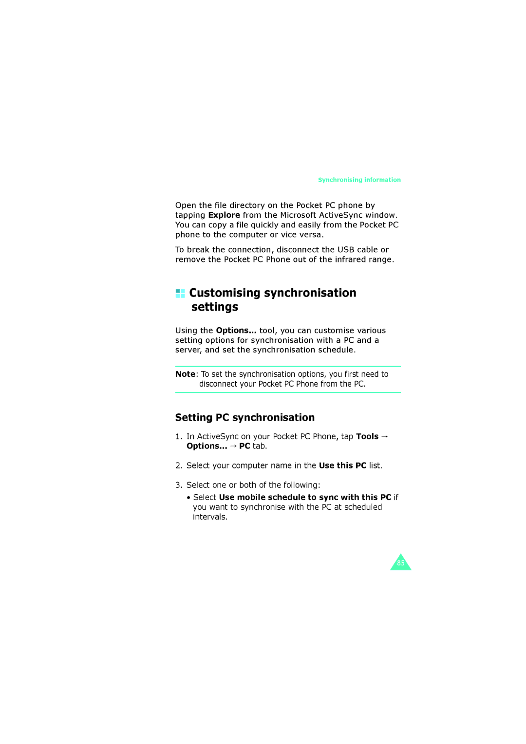 Samsung SGH-I700 manual Customising synchronisation settings, Setting PC synchronisation 