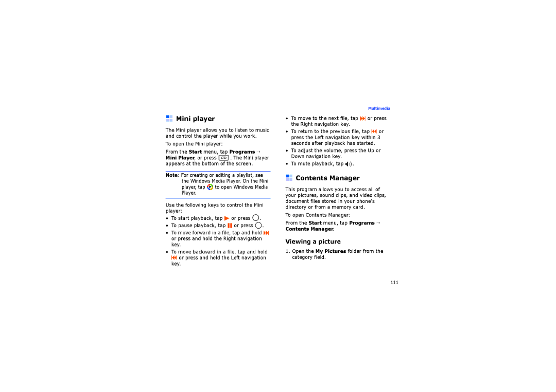 Samsung SGH-I710ZSAXEF, SGH-I710ZSABOG, SGH-I710ZSATIM, SGH-I710ZSAITV manual Mini player, Contents Manager 