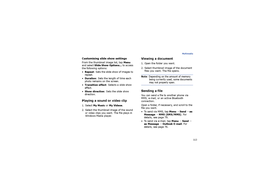 Samsung SGH-I710ZSAITV Playing a sound or video clip, Viewing a document, Sending a file, Customising slide show settings 