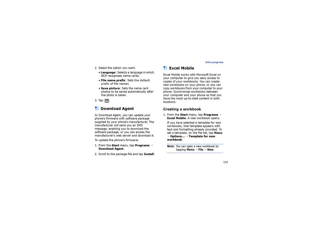 Samsung SGH-I710ZSAXEF manual Download Agent, Excel Mobile, Creating a workbook, → Options... → Template for new workbook 